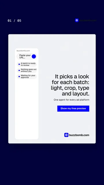 Video for BuzzBomb. Ad flipbook, 7.5 s, light palette.
