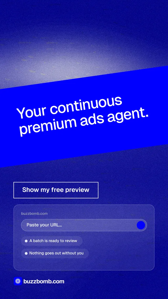 Instagram story for BuzzBomb: "Your continuous premium ads agent." Cyanotype style, diagonal layout, dark palette in blue.