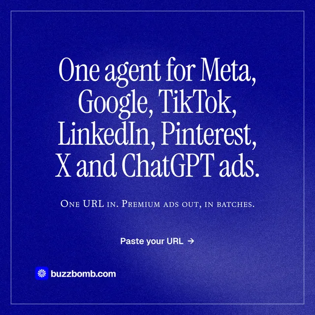 Instagram post for BuzzBomb: "One agent for Meta, Google, TikTok, LinkedIn, Pinterest, X and ChatGPT ads." Editorial style, smallcaps layout, dark palette in blue.