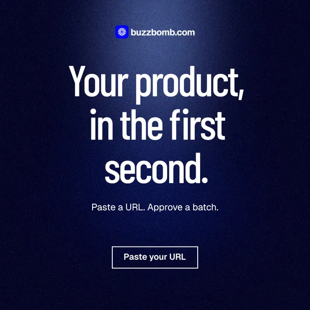 Instagram post for BuzzBomb: "Your product, in the first second." Dark deco style, centred layout, dark palette in black, blue.