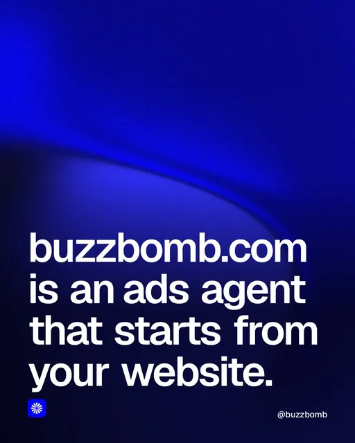 Video for BuzzBomb: "buzzbomb.com is an ads agent that starts from your website.". Shader loop, 6.0 s, dark palette.