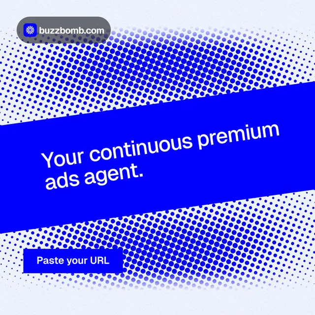 Instagram post for BuzzBomb: "Your continuous premium ads agent." Swiss style, diagonal layout, light palette in blue, white.