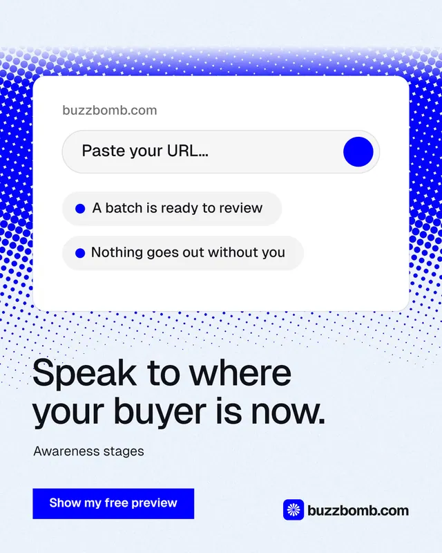 Instagram portrait post for BuzzBomb: "Speak to where your buyer is now." Swiss style, bottom layout, light palette in white, blue.