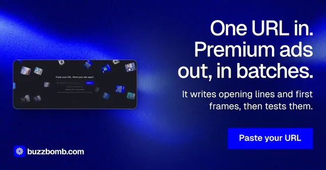 Social ad for BuzzBomb: "One URL in. Premium ads out, in batches." Swiss style, right layout, dark palette in blue.