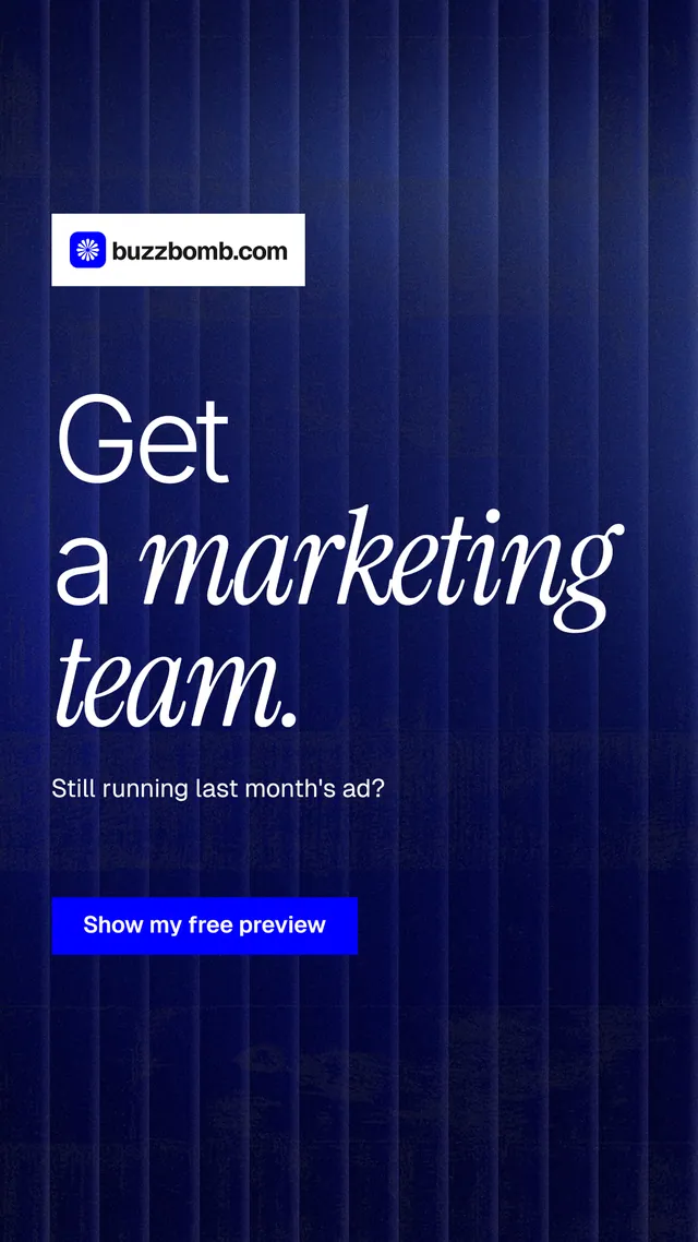 Instagram story for BuzzBomb: "Get a marketing team." Swiss style, announce layout, dark palette in black, blue.