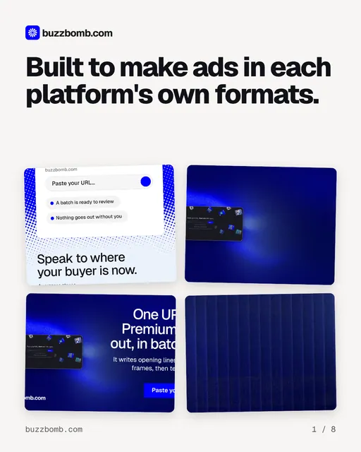 Carousel for BuzzBomb: "Built to make ads in each platform's own formats.". Collection carousel, 8 slides, light palette.