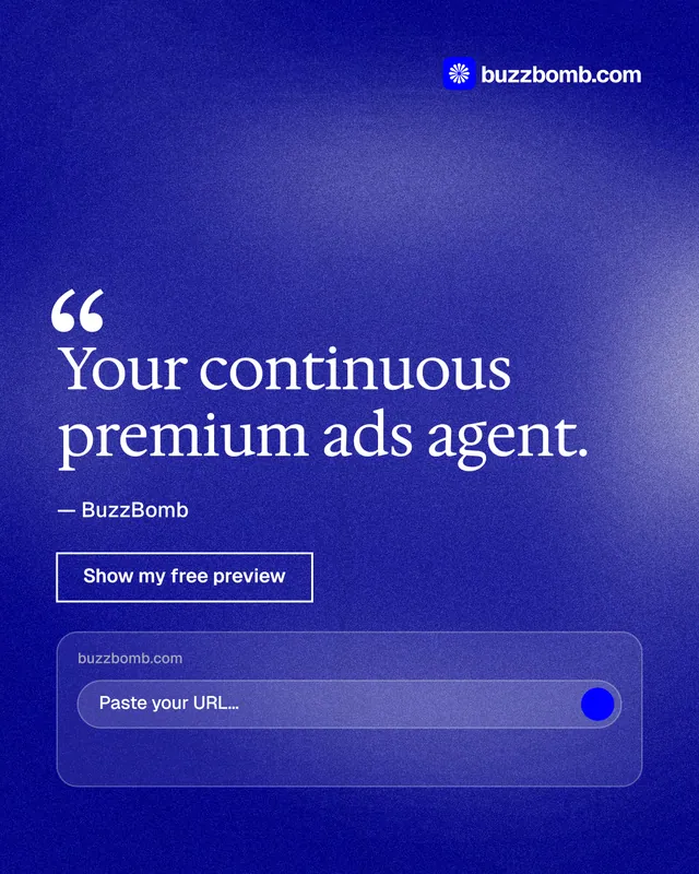 Instagram portrait post for BuzzBomb: "Your continuous premium ads agent." Cyanotype style, quote layout, dark palette in blue.