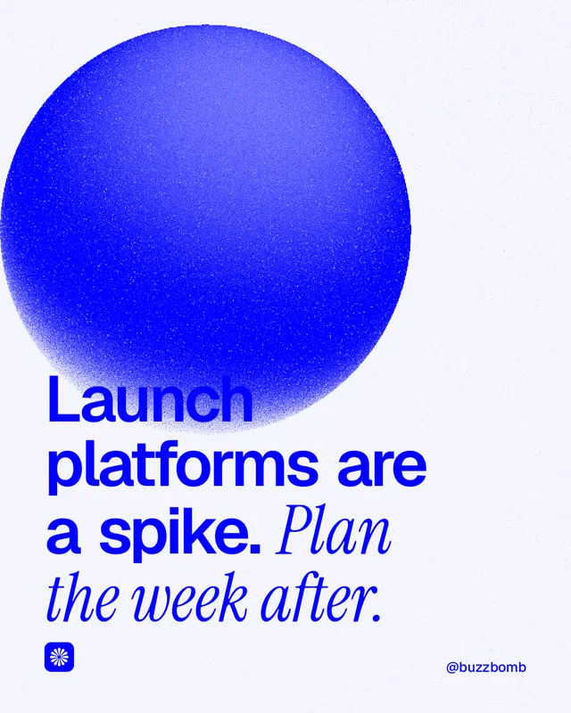Instagram portrait post for BuzzBomb: "Launch platforms are a spike. Plan the week after." Auto 4x5 style, technique:shader field layout, light palette in white, blue.
