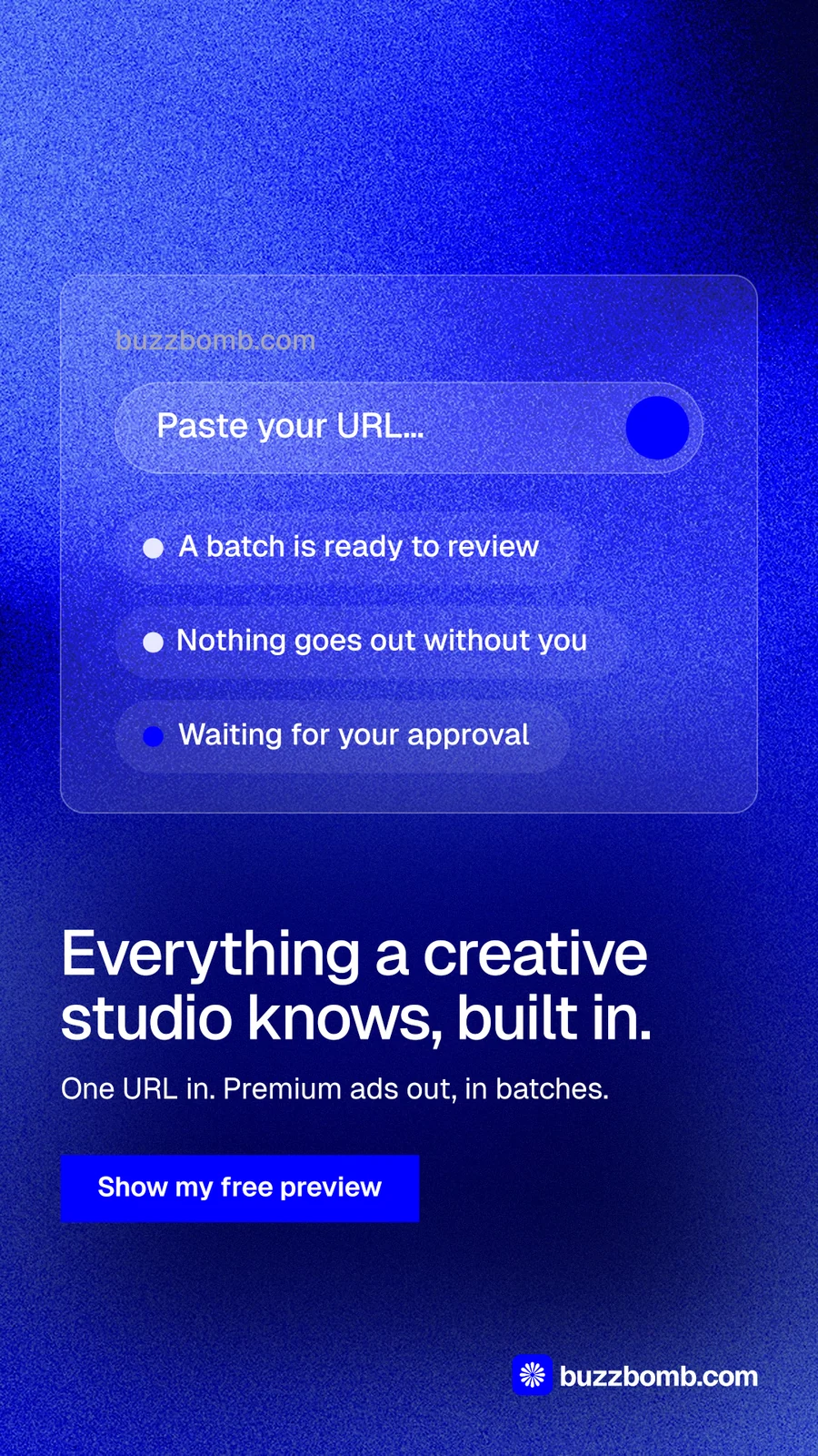 Instagram story for BuzzBomb: "Everything a creative studio knows, built in." Swiss style, bottom layout, dark palette in blue.