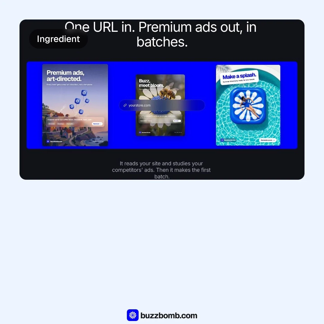 Video for BuzzBomb: "Paste a URL. Approve a batch.". Before after wipe, 6.0 s, light palette.
