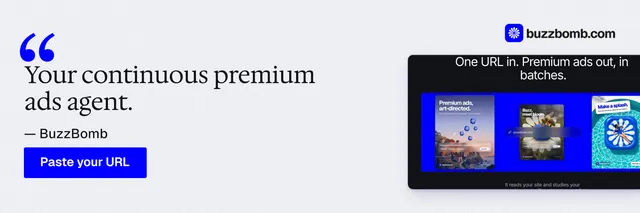 X header for BuzzBomb: "Your continuous premium ads agent." Data card style, quote layout, light palette in white, blue.