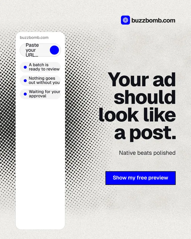 Instagram portrait post for BuzzBomb: "Your ad should look like a post." Ink sticker style, right layout, light palette in white, grey.