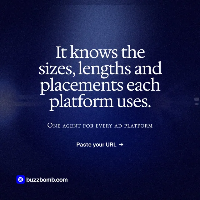 Instagram post for BuzzBomb: "It knows the sizes, lengths and placements each platform uses." Dark deco style, smallcaps layout, dark palette in black, blue.