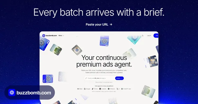 Social ad for BuzzBomb: "Every batch arrives with a brief." Swiss style, ogui layout, dark palette in white, blue.