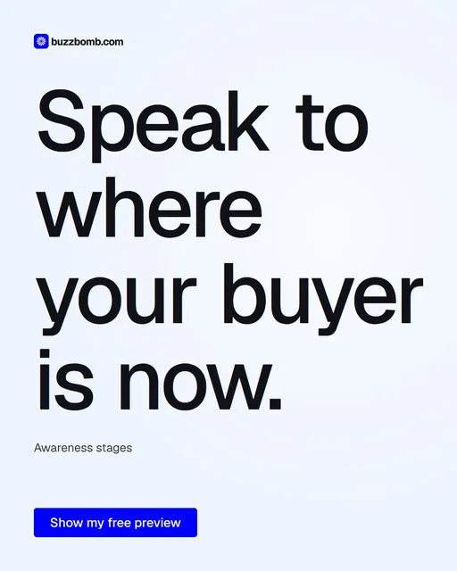 Video for BuzzBomb: "Speak to where your buyer is now.". Doc motion loop, 8.0 s, light palette.