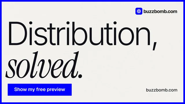 Landscape graphic for BuzzBomb: "Distribution, solved." Swiss style, poster layout, light palette in white, blue.