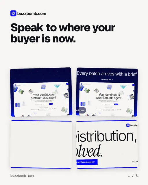 Carousel for BuzzBomb: "Speak to where your buyer is now.". Collection carousel, 8 slides, light palette.