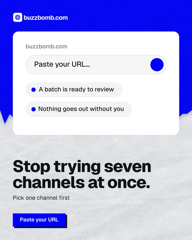 Instagram portrait post for BuzzBomb: "Stop trying seven channels at once." Paper trio style, bottom layout, light palette in white, blue.