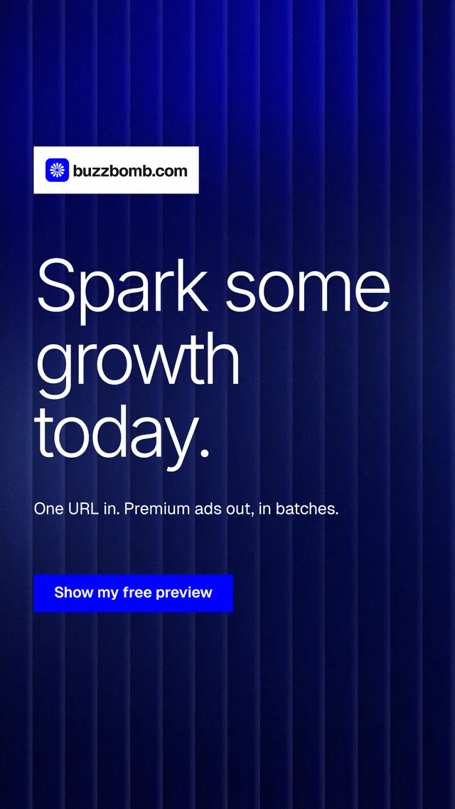 Instagram story for BuzzBomb: "Spark some growth today." Swiss style, announce layout, dark palette in blue.