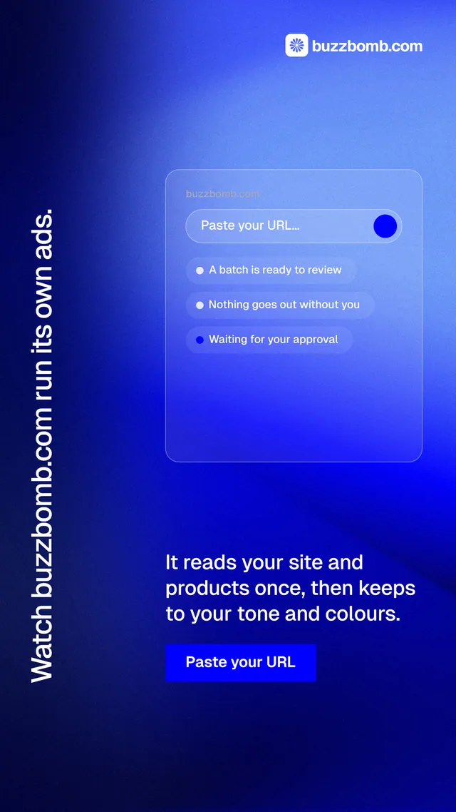 Instagram story for BuzzBomb: "Watch buzzbomb.com run its own ads." Swiss style, vertical layout, dark palette in blue.