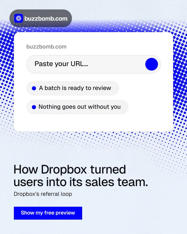 Instagram portrait post for BuzzBomb: "How Dropbox turned users into its sales team." Swiss style, bottom layout, light palette in white, blue.