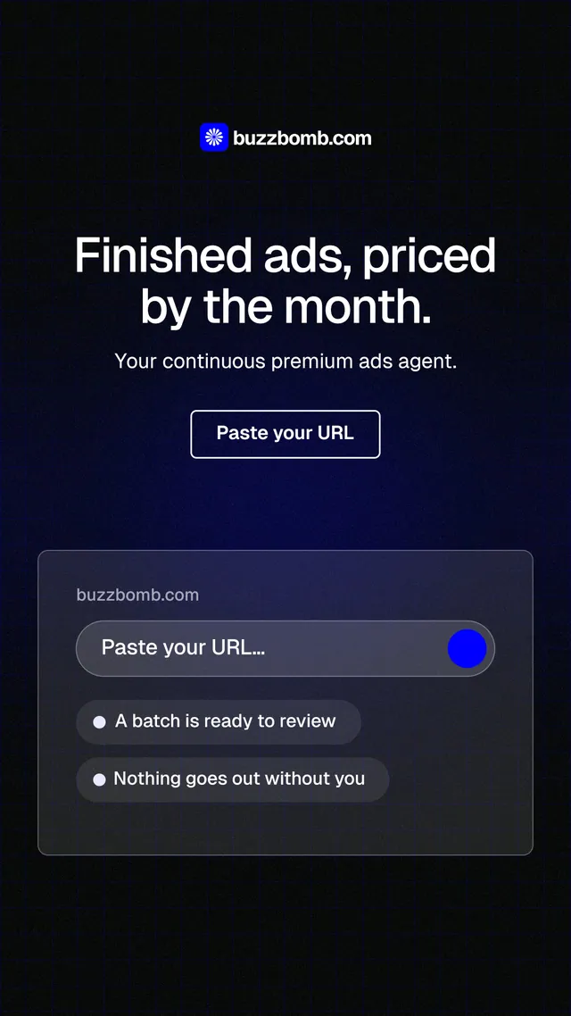 Instagram story for BuzzBomb: "Finished ads, priced by the month." Phosphor atlas style, centred layout, dark palette in black, blue, grey.