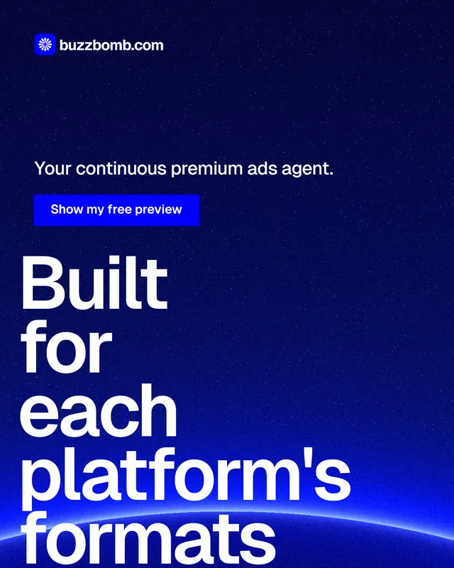 Instagram portrait post for BuzzBomb: "Built for each platform's formats." Swiss style, oversized layout, dark palette in blue.