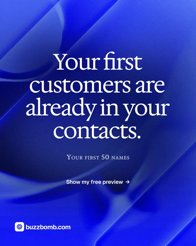Instagram portrait post for BuzzBomb: "Your first customers are already in your contacts." Swiss style, smallcaps layout, dark palette in blue.