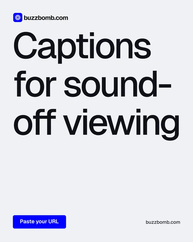 Instagram portrait post for BuzzBomb: "Captions for sound-off viewing". Data card style, poster layout, light palette in white, grey.