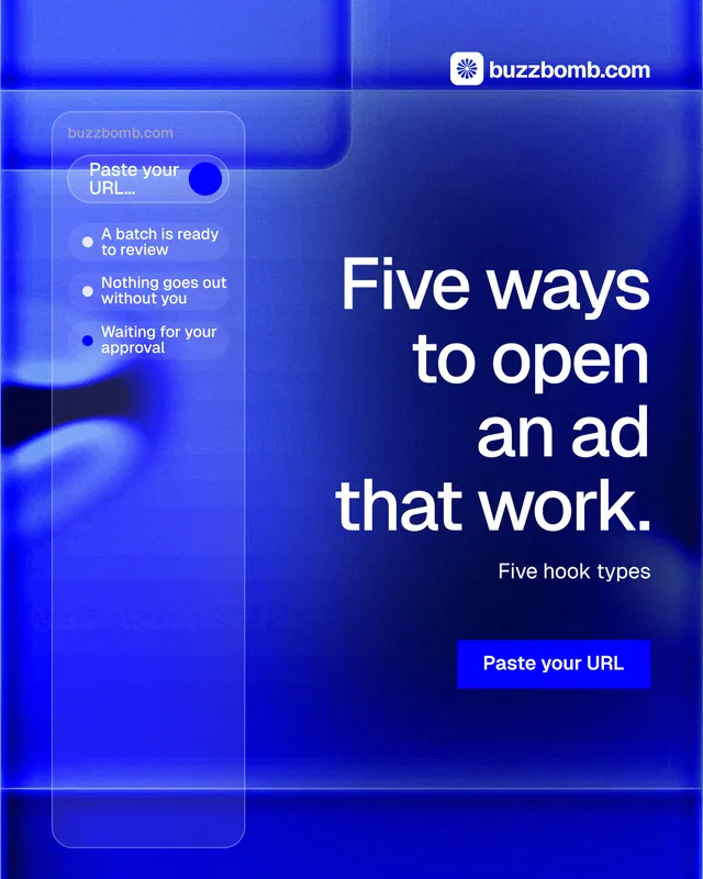 Instagram portrait post for BuzzBomb: "Five ways to open an ad that work." Swiss style, right layout, dark palette in blue.