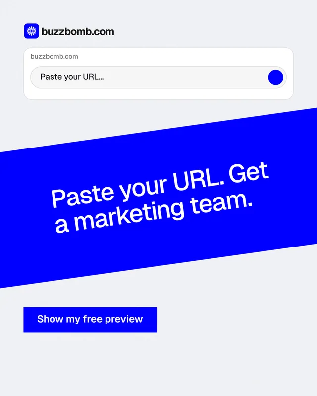 Instagram portrait post for BuzzBomb: "Paste your URL. Get a marketing team." Swiss style, diagonal layout, light palette in white, blue.