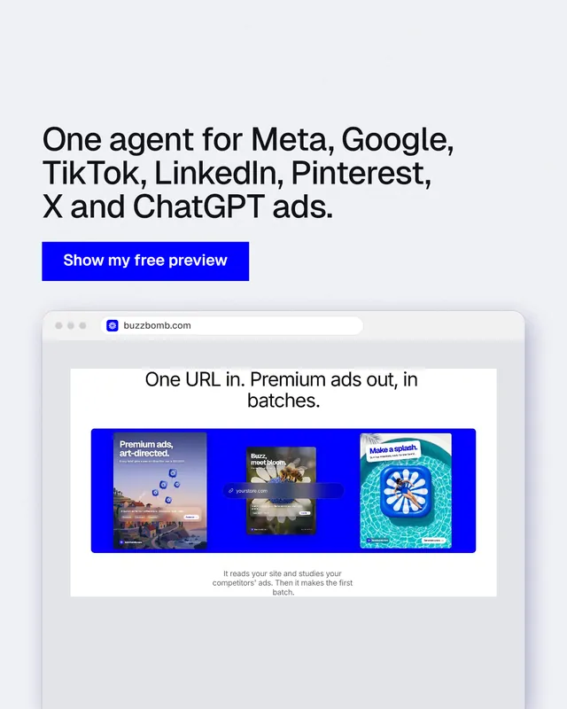 Instagram portrait post for BuzzBomb: "One agent for Meta, Google, TikTok, LinkedIn, Pinterest, X and ChatGPT ads." Swiss style, browser layout, light palette in white, blue.