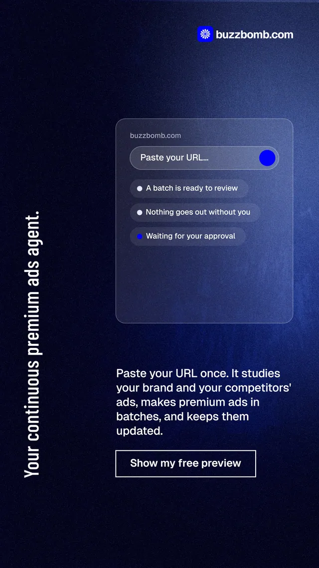 Instagram story for BuzzBomb: "Your continuous premium ads agent." Dark deco style, vertical layout, dark palette in blue, black.