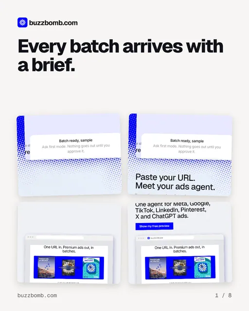 Carousel for BuzzBomb: "Every batch arrives with a brief.". Collection carousel, 8 slides, light palette.