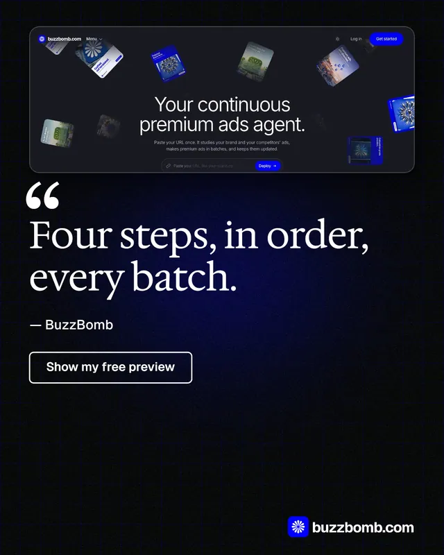 Instagram portrait post for BuzzBomb: "Four steps, in order, every batch." Phosphor atlas style, quote layout, dark palette in black, grey.