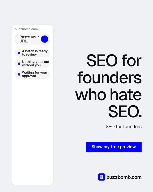 Instagram portrait post for BuzzBomb: "SEO for founders who hate SEO." Swiss style, right layout, light palette in white, blue.