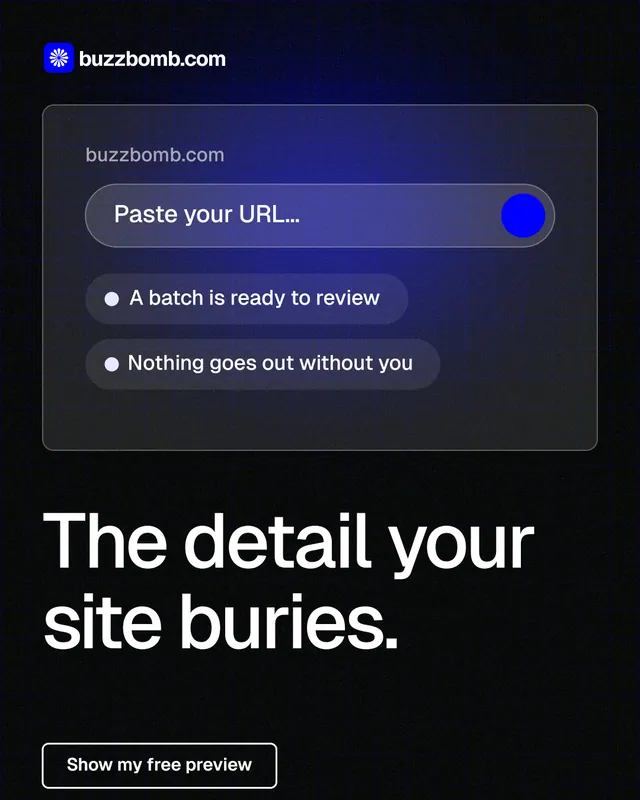 Instagram portrait post for BuzzBomb: "The detail your site buries." Phosphor atlas style, bottom layout, dark palette in blue, black, grey.