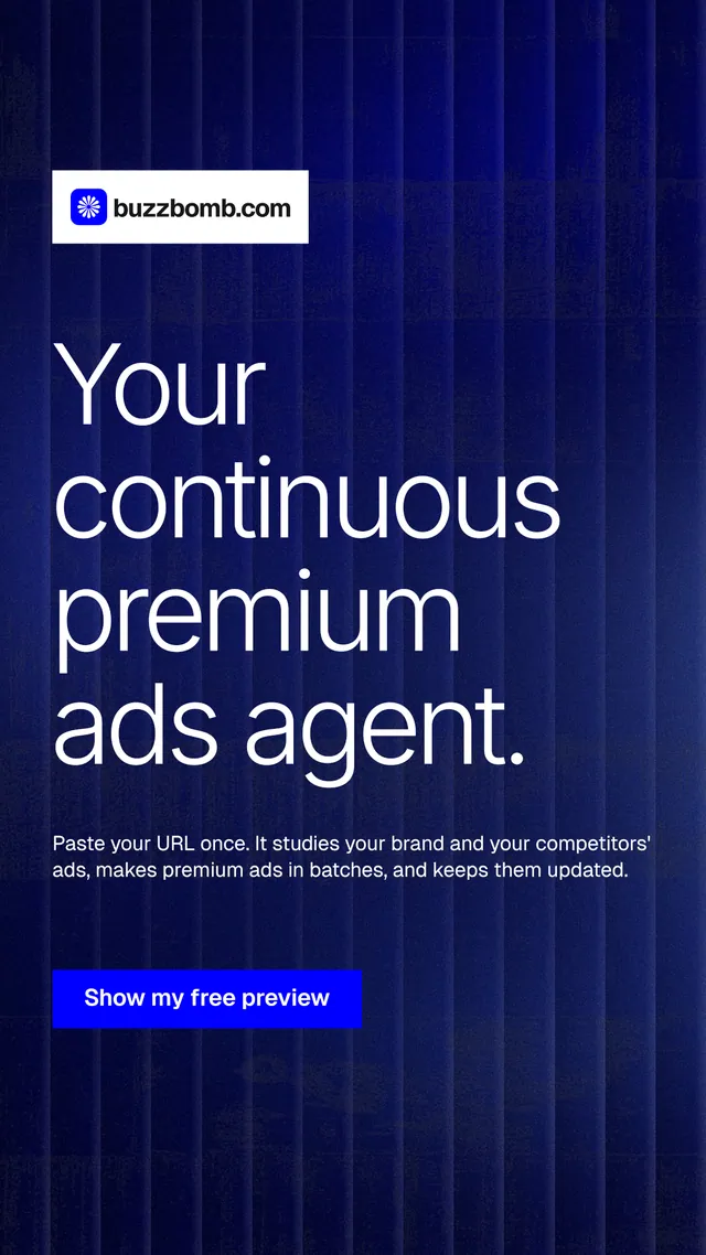 Instagram story for BuzzBomb: "Your continuous premium ads agent." Swiss style, announce layout, dark palette in blue, grey.