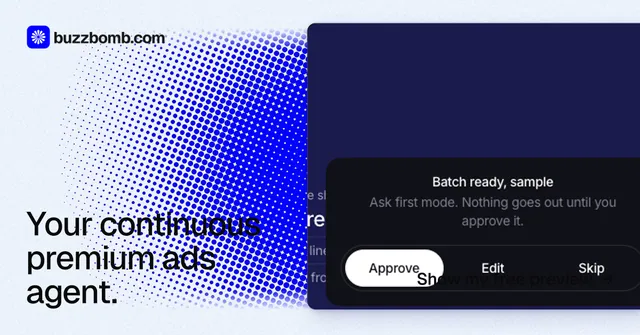 Social ad for BuzzBomb: "Your continuous premium ads agent." Swiss style, image led layout, light palette in white, blue.
