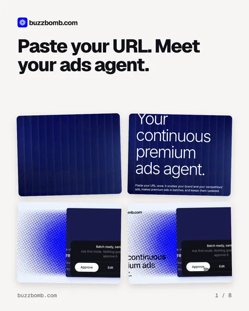 Carousel for BuzzBomb: "Paste your URL. Meet your ads agent.". Collection carousel, 8 slides, light palette.