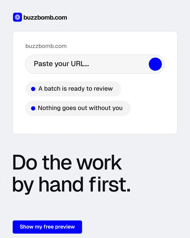 Instagram portrait post for BuzzBomb: "Do the work by hand first." Data card style, bottom layout, light palette in white, blue.