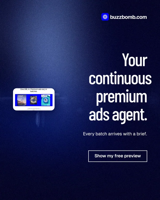 Instagram portrait post for BuzzBomb: "Your continuous premium ads agent." Dark deco style, right layout, dark palette in black, blue.
