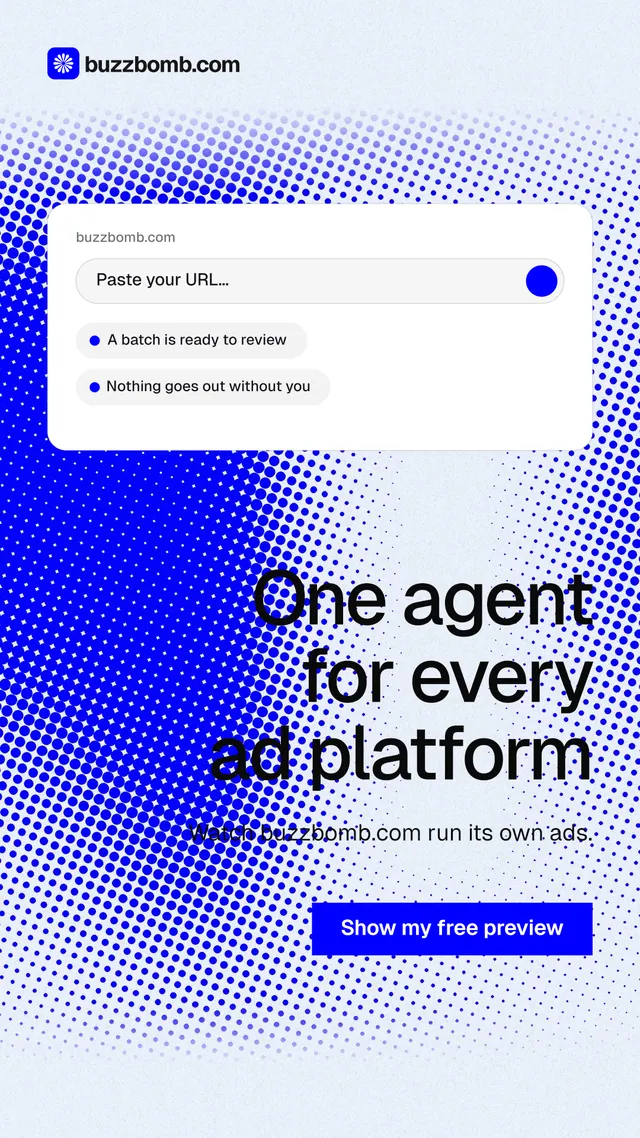 Instagram story for BuzzBomb: "One agent for every ad platform". Swiss style, right layout, light palette in white, blue.