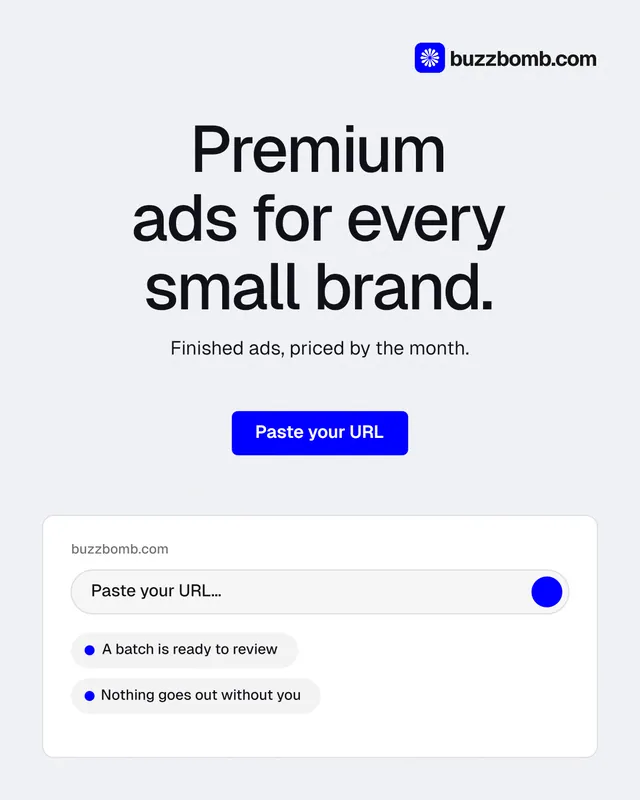 Instagram portrait post for BuzzBomb: "Premium ads for every small brand." Data card style, centred layout, light palette in white, blue.
