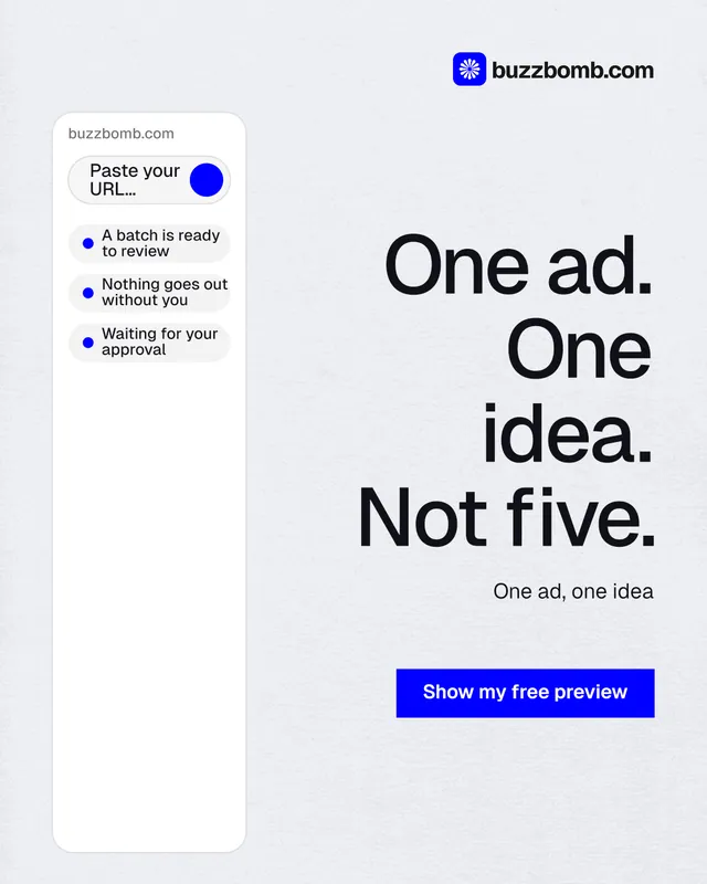 Instagram portrait post for BuzzBomb: "One ad. One idea. Not five." Swiss style, right layout, light palette in white, blue.