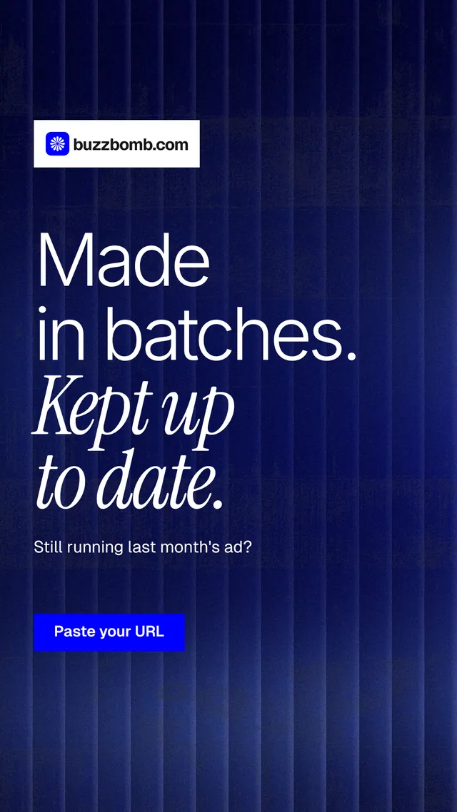 Instagram story for BuzzBomb: "Made in batches. Kept up to date." Swiss style, announce layout, dark palette in blue, grey.