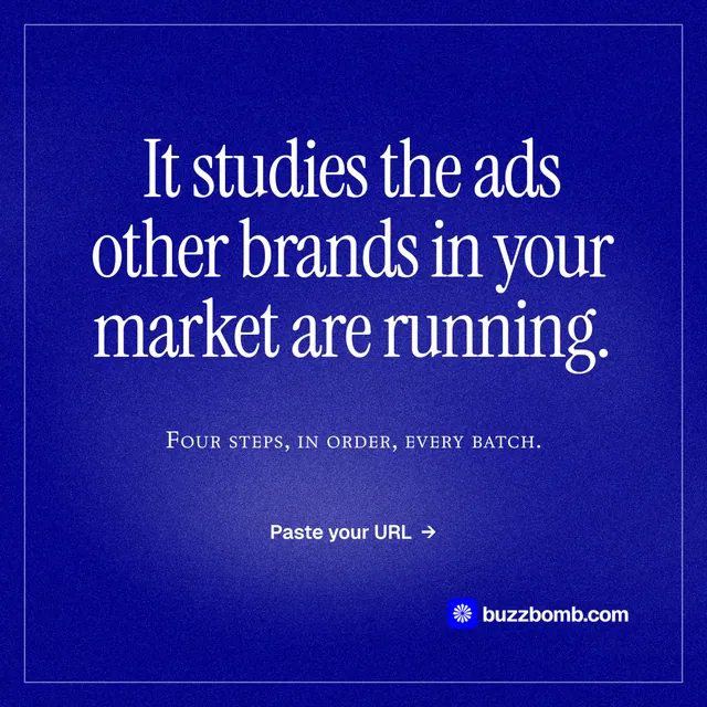 Instagram post for BuzzBomb: "It studies the ads other brands in your market are running." Editorial style, smallcaps layout, dark palette in blue.