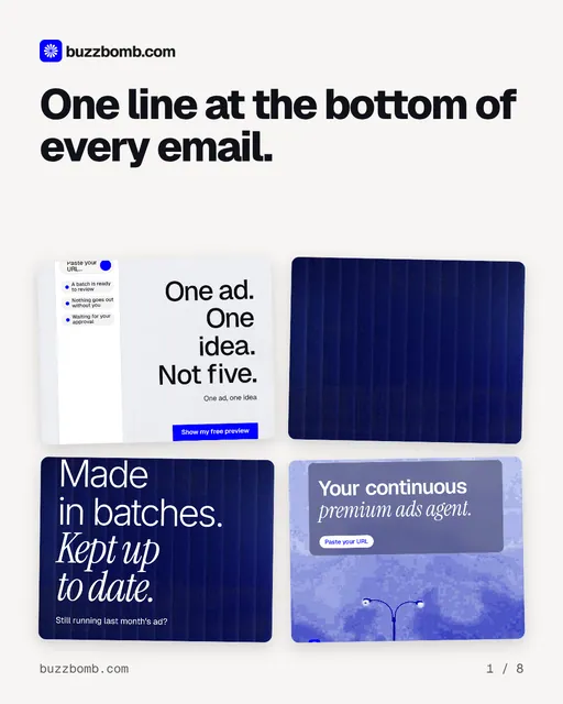 Carousel for BuzzBomb: "One line at the bottom of every email.". Collection carousel, 8 slides, light palette.