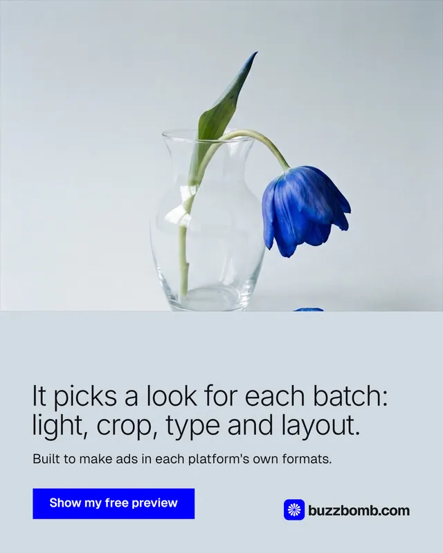 Instagram portrait post for BuzzBomb: "It picks a look for each batch: light, crop, type and layout." Swiss style, bottom layout, light palette in white, blue.