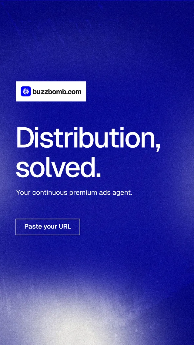 Instagram story for BuzzBomb: "Distribution, solved." Cyanotype style, announce layout, dark palette in blue.